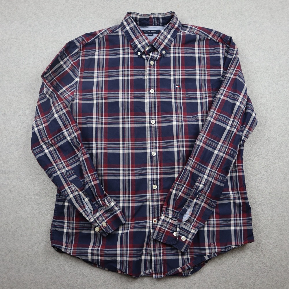 Tommy Hilfiger Button Down Shirt Mens L Navy Blue Red White Plaid Long Sleeve